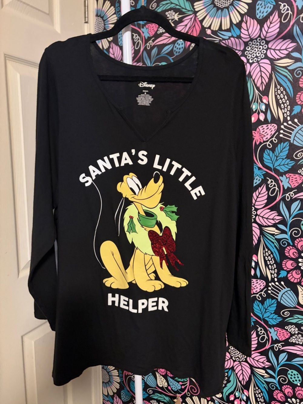 Disney Black Long Sleeve Pluto "Santa's Little Helper" Graphic Tee